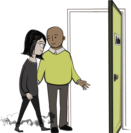Illustration showing an open door and a specialist welcoming another character through the door