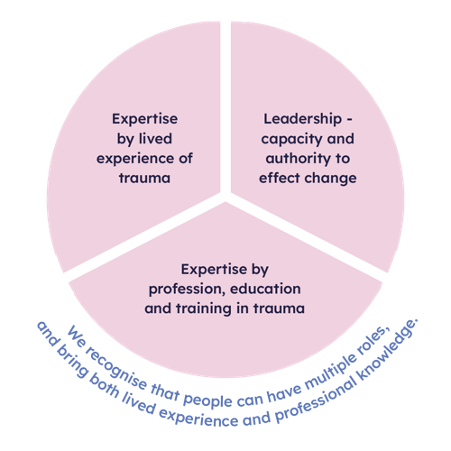 A circular diagram divided into three sections labeled: expertise by lived experience, leadership, and expertise by profession, education, or training.