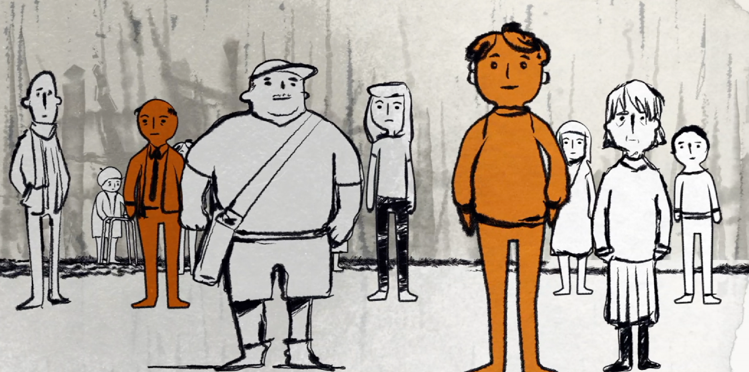 Illustration showing different characters outlined in orange